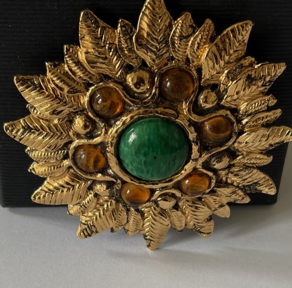 guy laroche vintage oversized flower gold brooch amber green stones 1980s