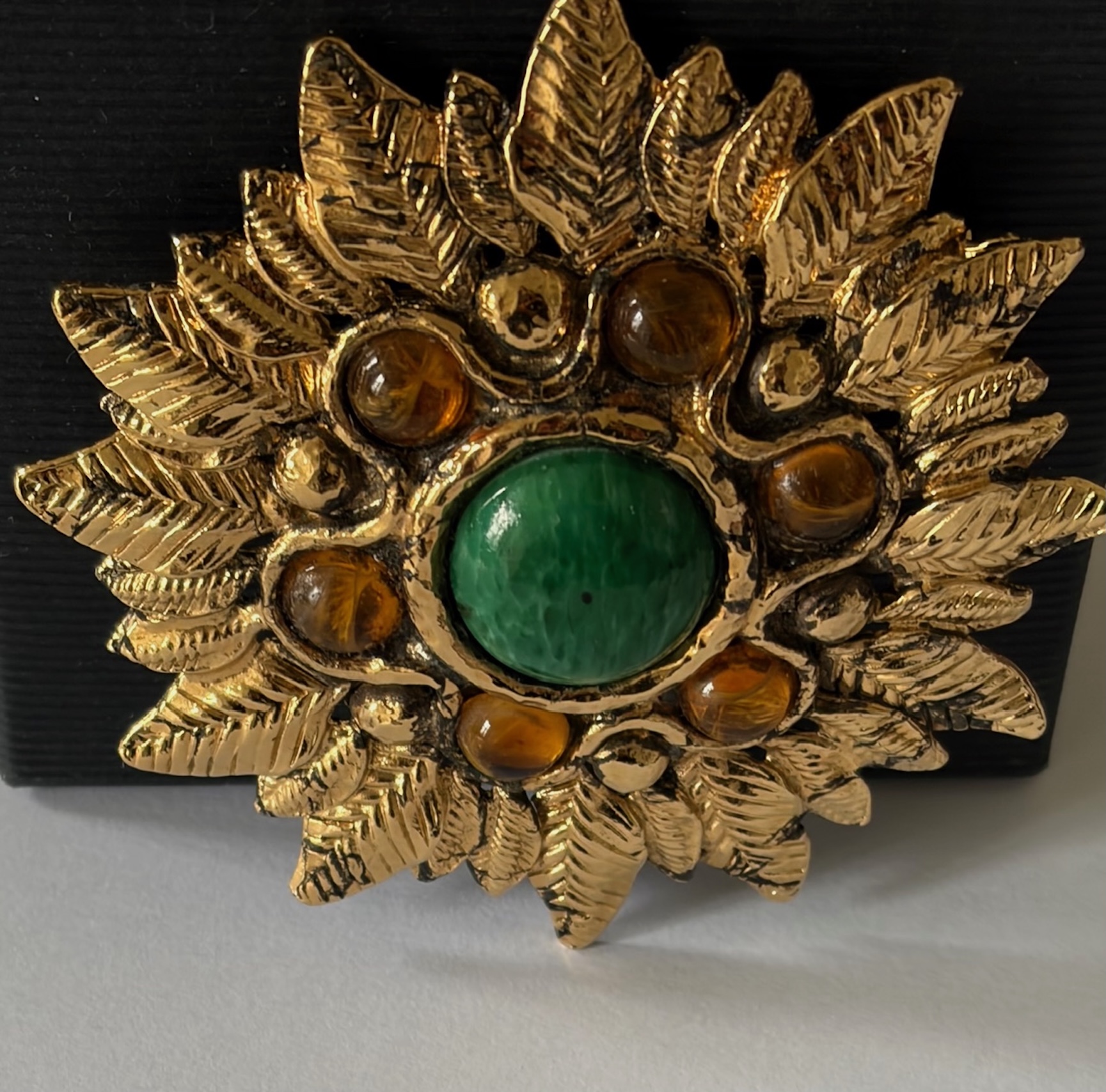 guy laroche vintage oversized flower gold brooch amber green stones 1980s