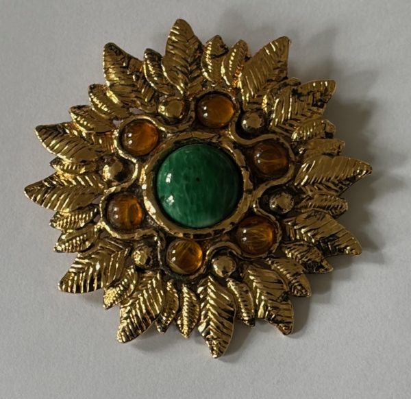 guy laroche vintage oversized flower gold brooch amber green stones 1980s