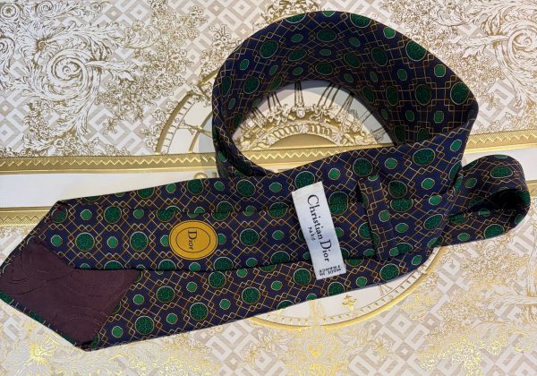 christian dior vintage abstract silk dior tie navy racing green and gold c.1980s