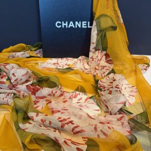 chanel vintage large 133.50 cm silk camellia flower multi scarf shawl c. 1990s
