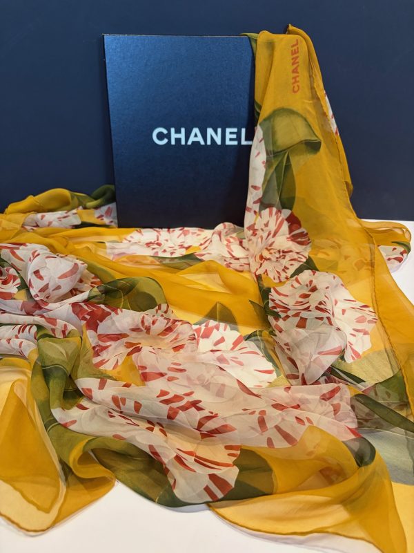 chanel vintage large 133.50 cm silk camellia flower multi scarf shawl c. 1990s