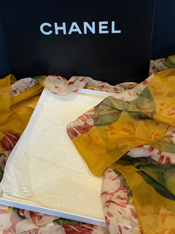 chanel vintage large 133.50 cm silk camellia flower multi scarf shawl c. 1990s
