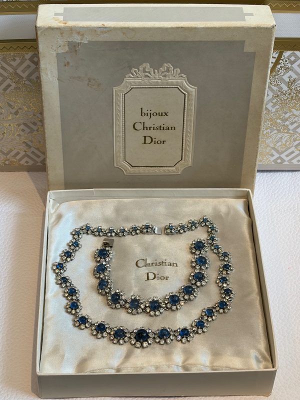 christian dior by marc bohan vintage blue crystals diamanté necklace bracelet set 1972