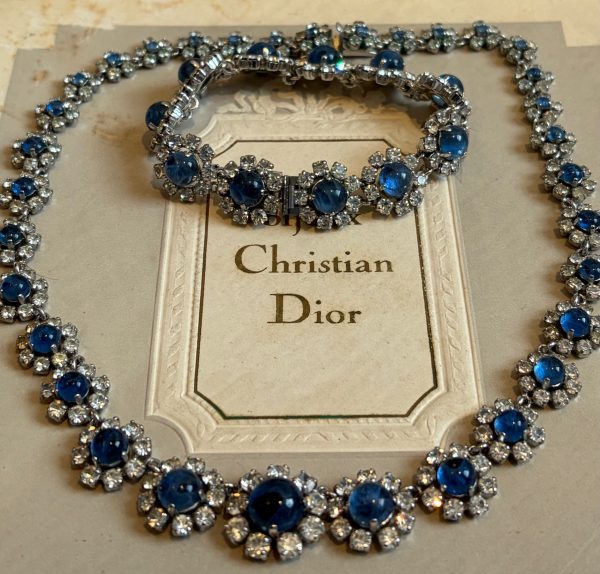 christian dior by marc bohan vintage blue crystals diamanté necklace bracelet set 1972