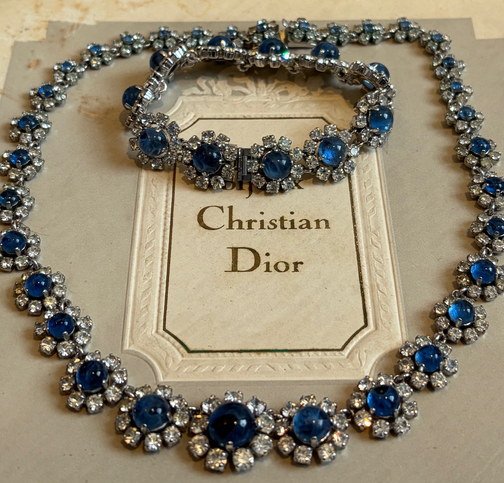 christian dior by marc bohan vintage blue crystals diamanté necklace bracelet set 1972