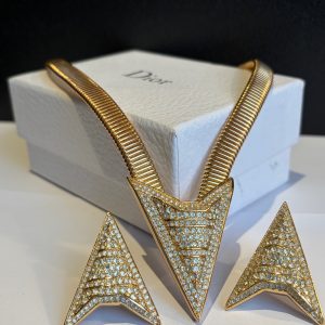 christian dior vintage art déco necklace & earrings set gold and crystals c.1980s