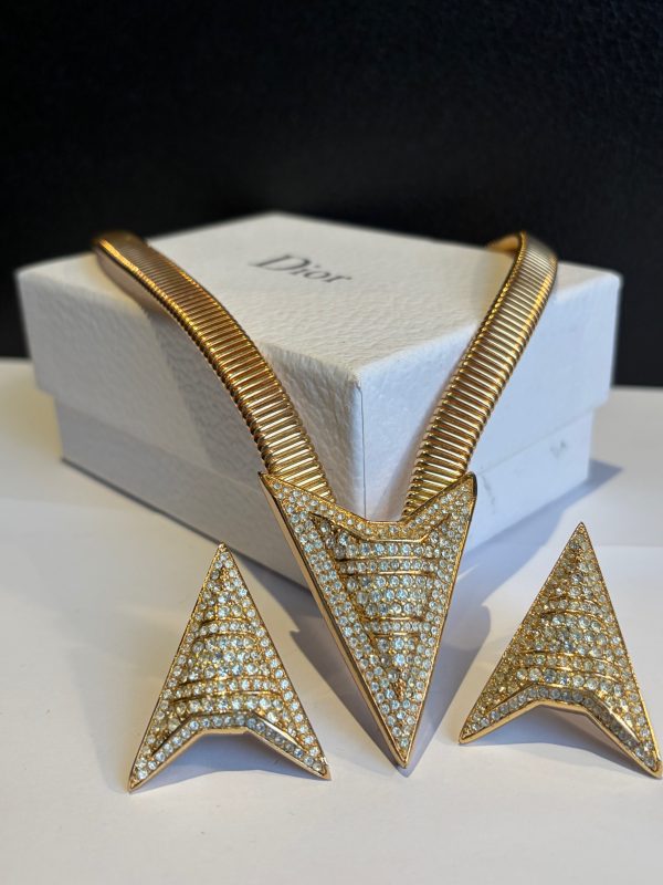 christian dior vintage art déco necklace & earrings set gold and crystals c.1980s