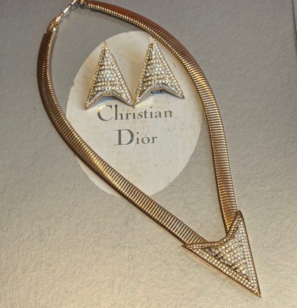 christian dior vintage art déco necklace & earrings set gold and crystals c.1980s