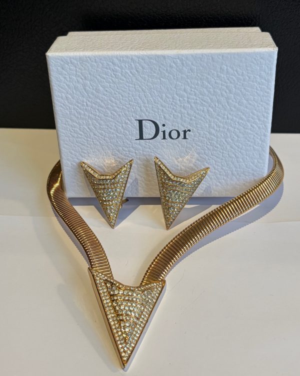 christian dior vintage art déco necklace & earrings set gold and crystals c.1980s