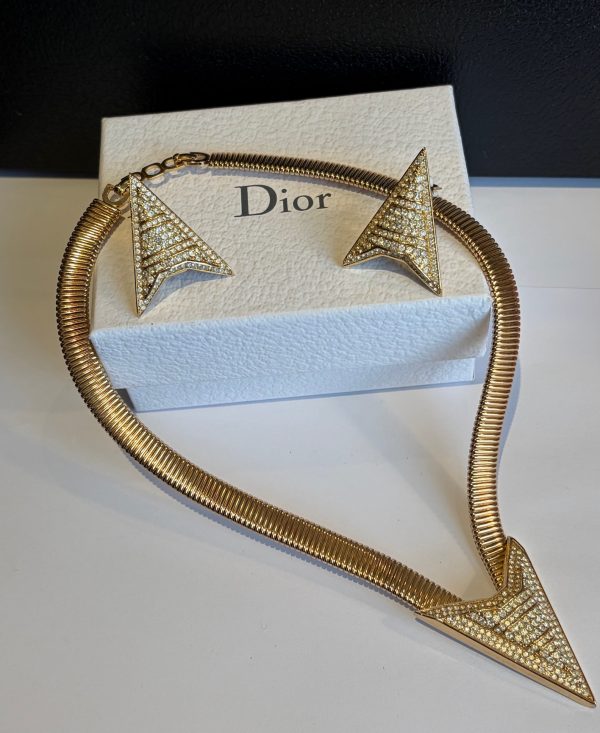 christian dior vintage art déco necklace & earrings set gold and crystals c.1980s