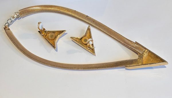 christian dior vintage art déco necklace & earrings set gold and crystals c.1980s