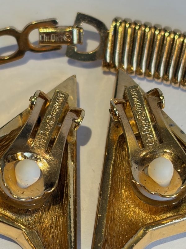 christian dior vintage art déco necklace & earrings set gold and crystals c.1980s