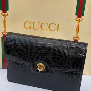 gucci vintage black leather lizard clutch handbag c.1960s