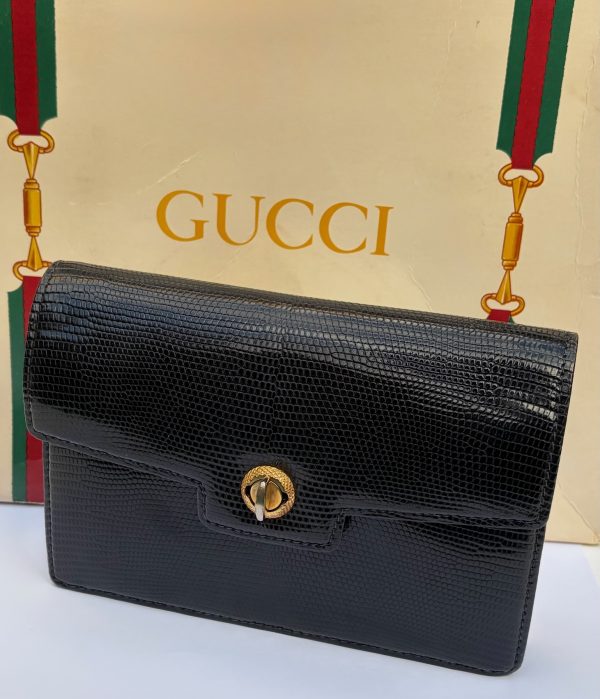 gucci vintage black leather lizard clutch handbag c.1960s