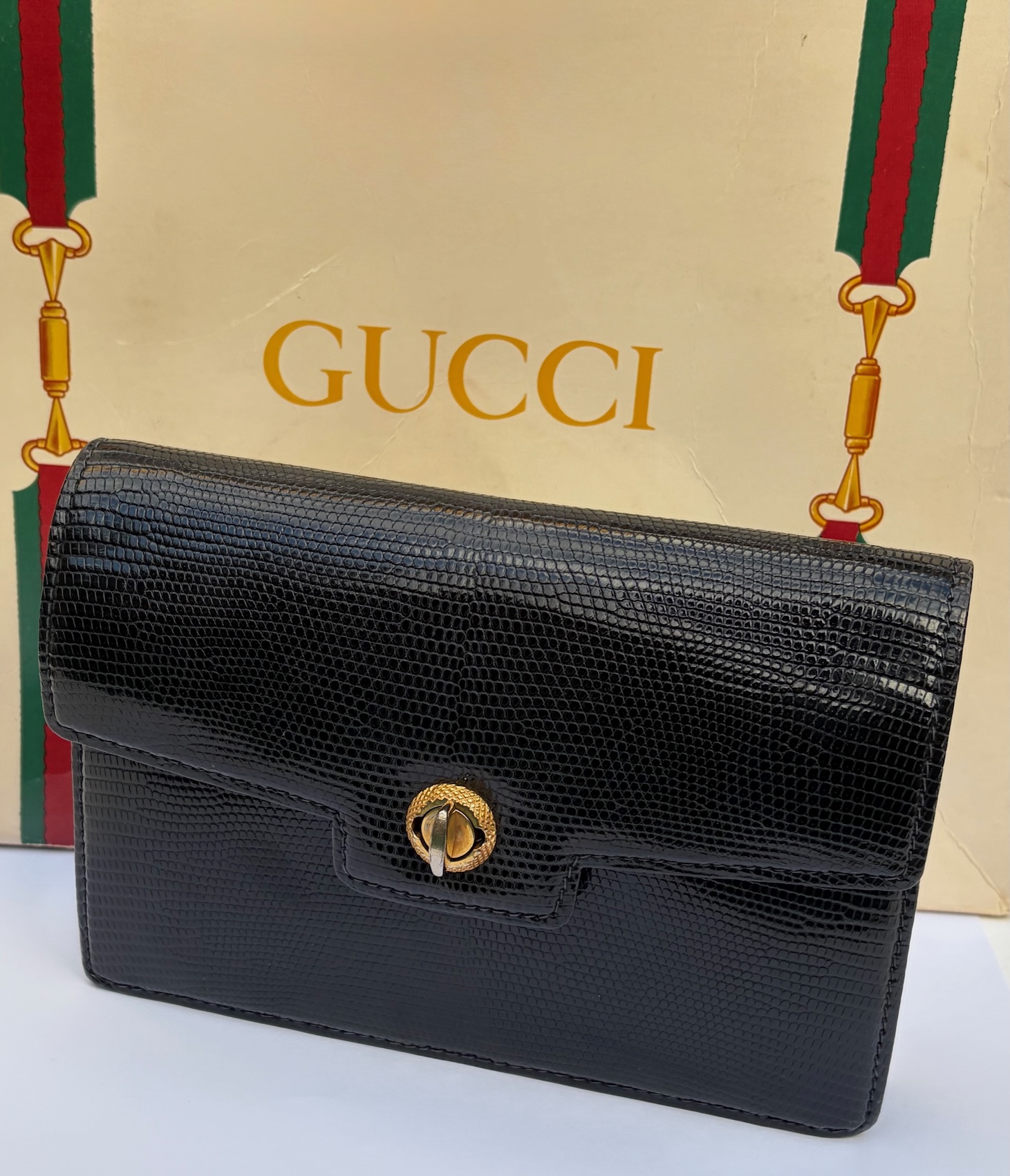 gucci vintage black leather lizard clutch handbag c.1960s