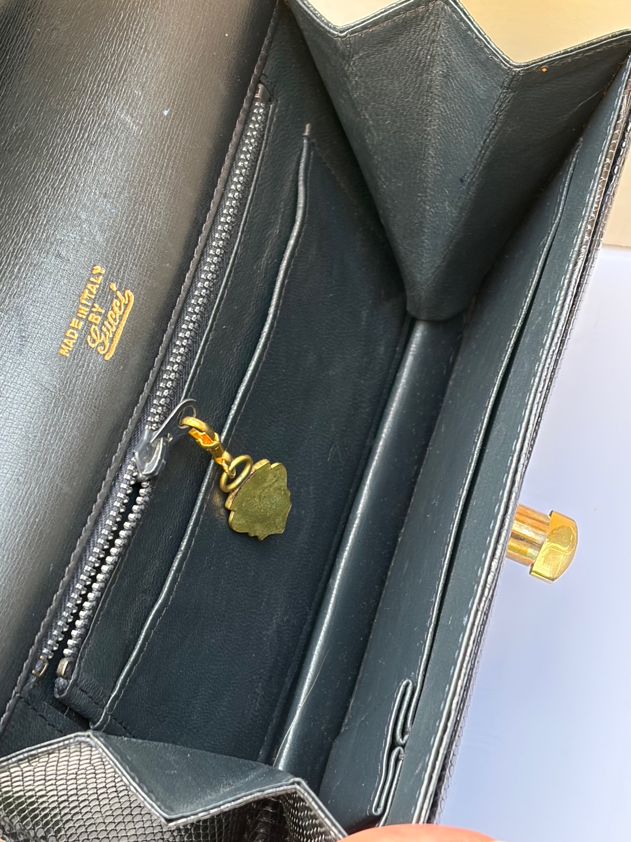 gucci vintage black leather lizard clutch handbag c.1960s