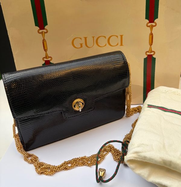 gucci vintage black leather lizard clutch handbag c.1960s