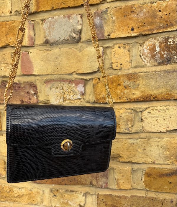 gucci vintage black leather lizard clutch handbag c.1960s