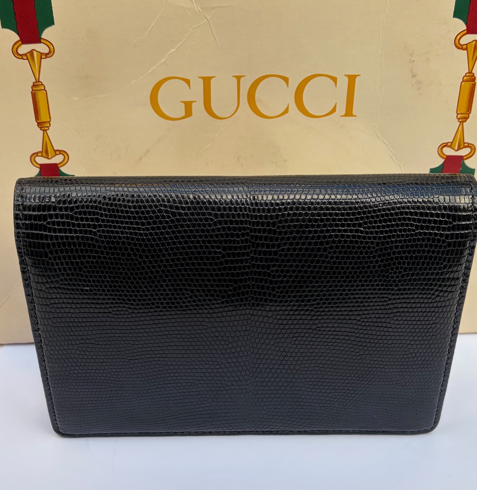 gucci vintage black leather lizard clutch handbag c.1960s
