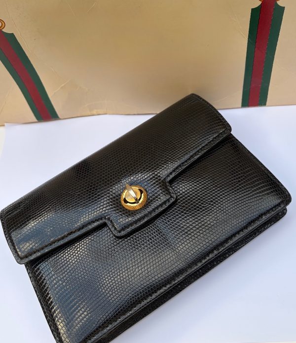 gucci vintage black leather lizard clutch handbag c.1960s