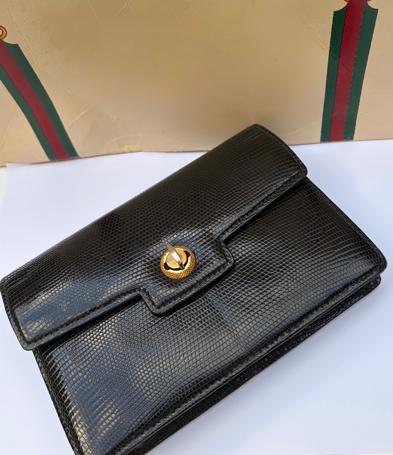 gucci vintage black leather lizard clutch handbag c.1960s