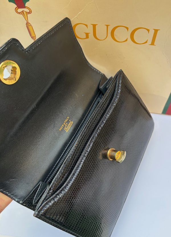 gucci vintage black leather lizard clutch handbag c.1960s