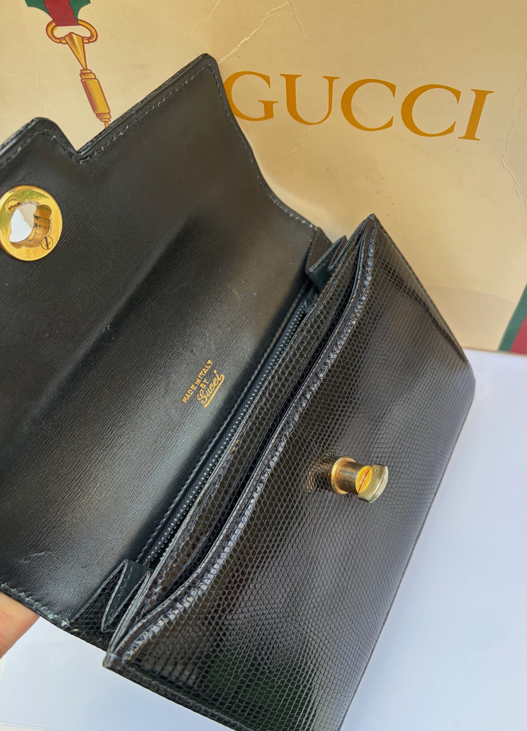 gucci vintage black leather lizard clutch handbag c.1960s