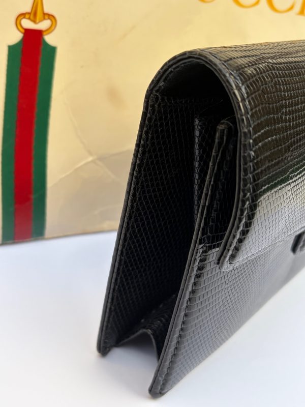 gucci vintage black leather lizard clutch handbag c.1960s