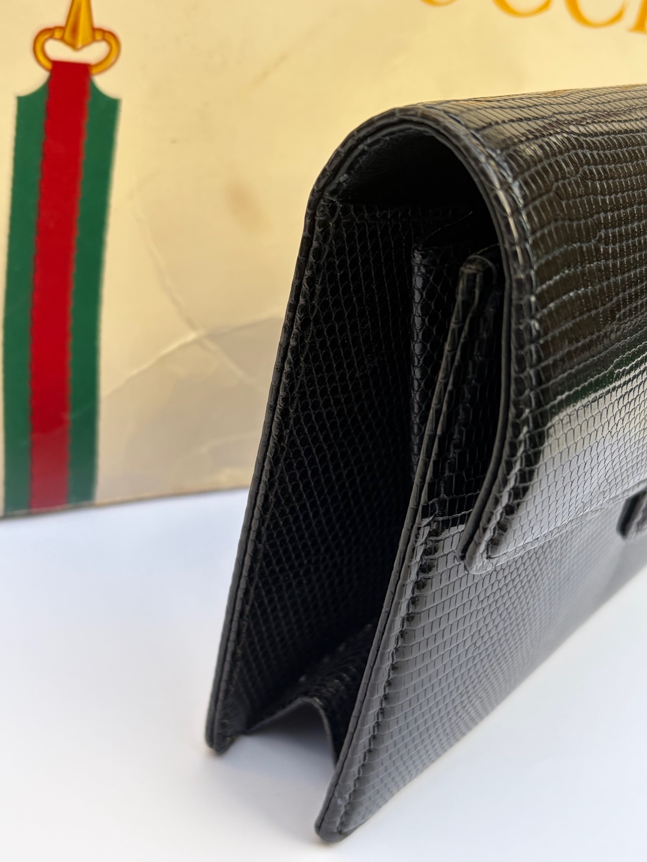 gucci vintage black leather lizard clutch handbag c.1960s