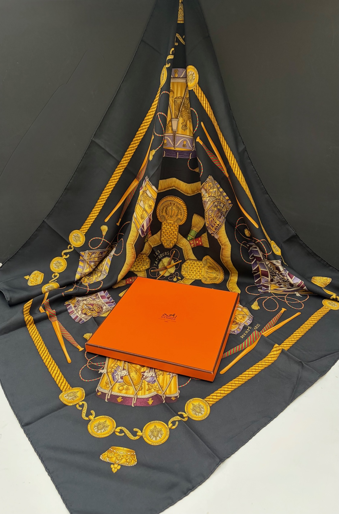 hermÈs silk scarf les tambours black multi by joachim metz 1989 w/box