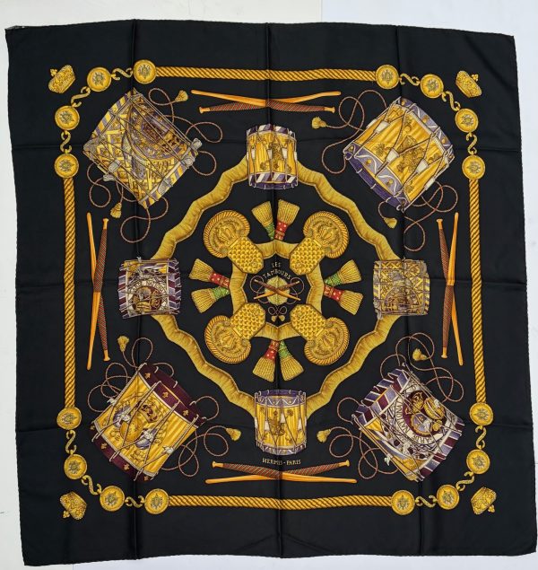 hermÈs silk scarf les tambours black multi by joachim metz 1989 w/box
