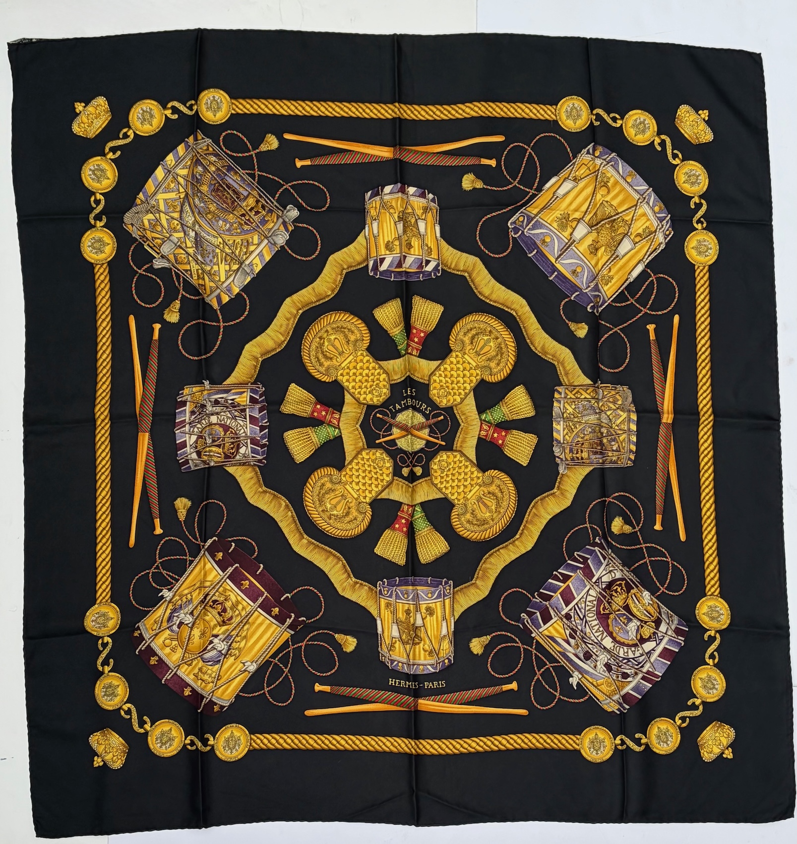 hermÈs silk scarf les tambours black multi by joachim metz 1989 w/box