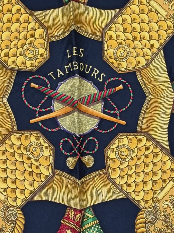 hermÈs silk scarf les tambours black multi by joachim metz 1989 w/box