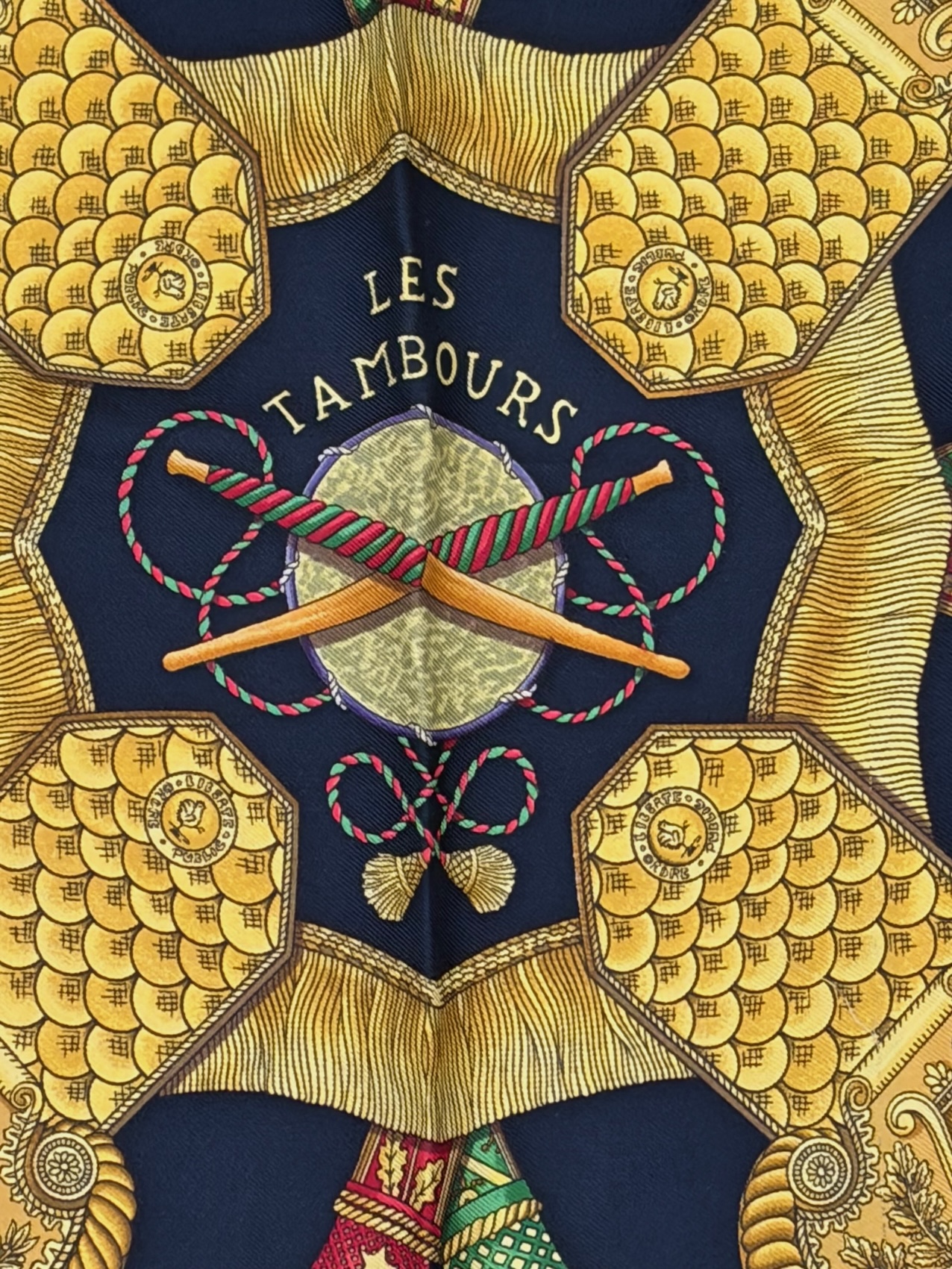 hermÈs silk scarf les tambours black multi by joachim metz 1989 w/box