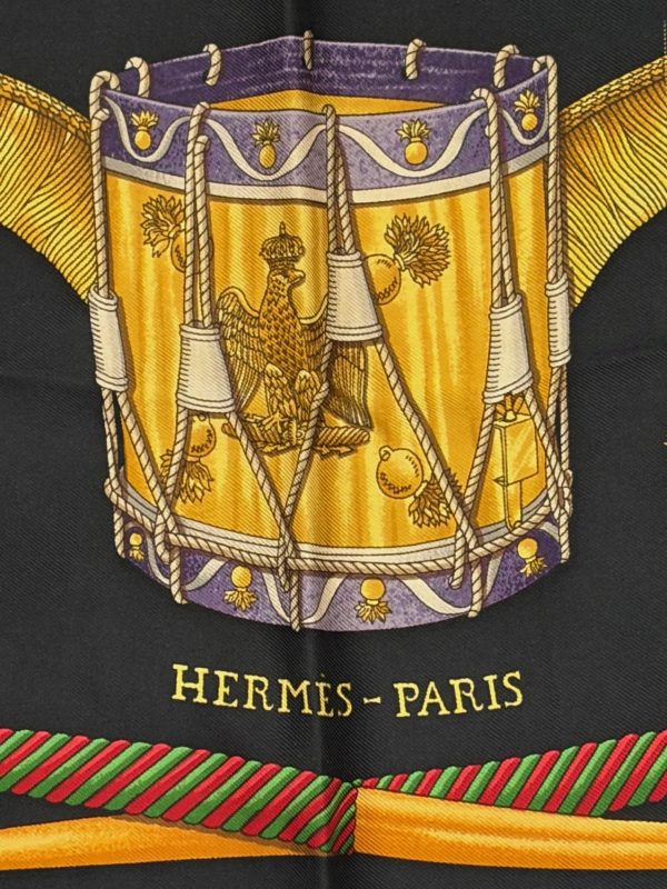 hermÈs silk scarf les tambours black multi by joachim metz 1989 w/box