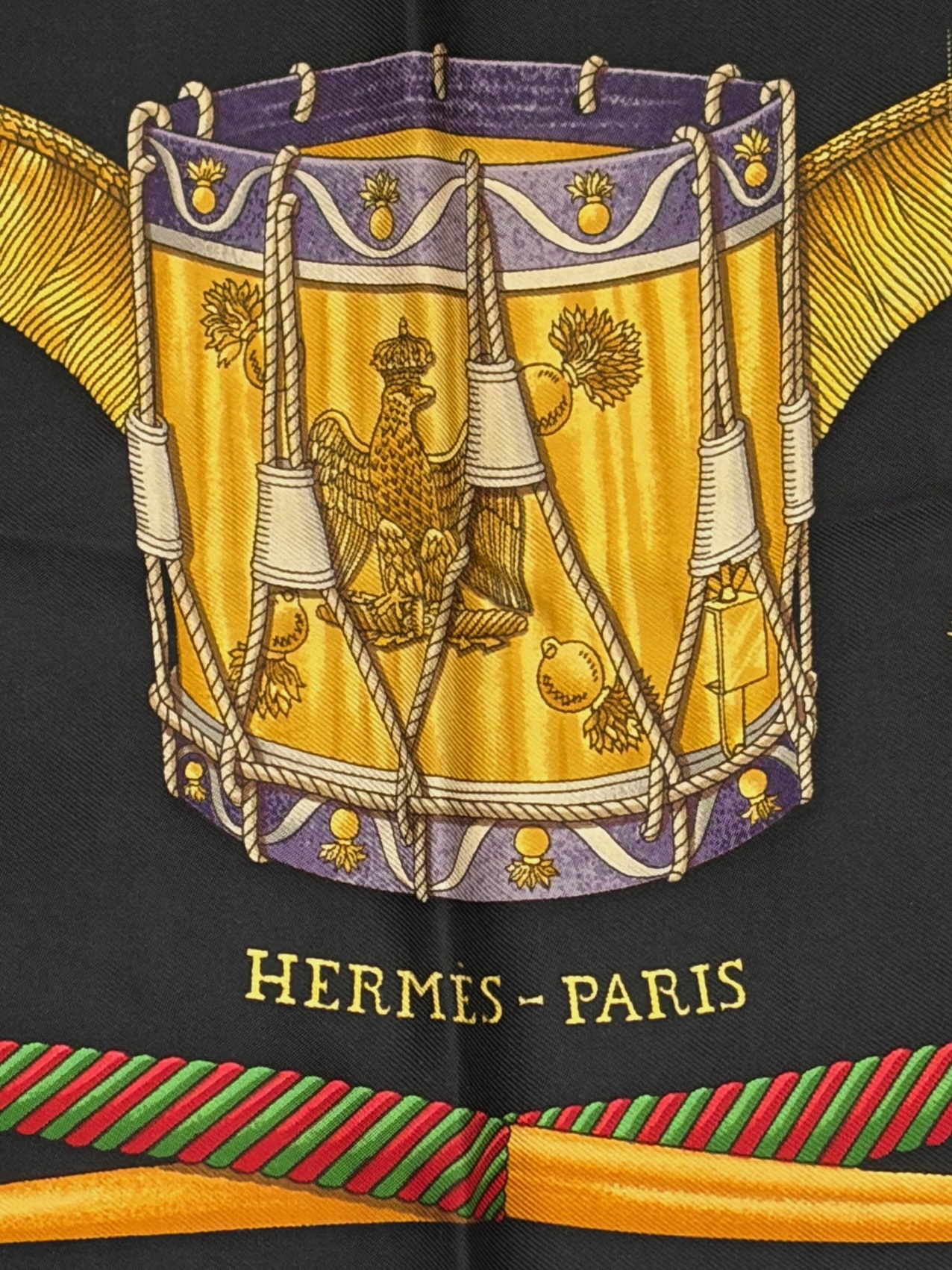hermÈs silk scarf les tambours black multi by joachim metz 1989 w/box