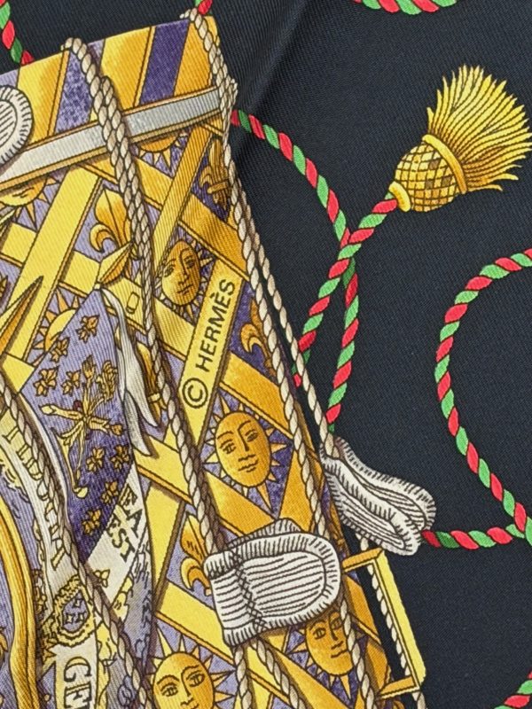 hermÈs silk scarf les tambours black multi by joachim metz 1989 w/box