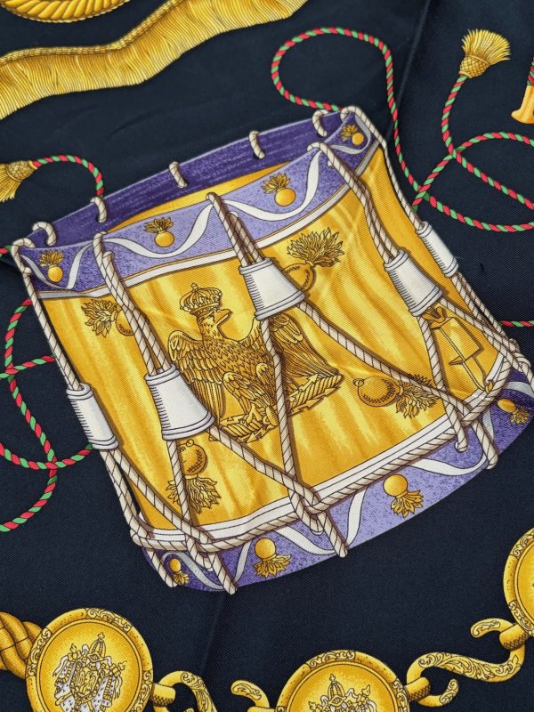 hermÈs silk scarf les tambours black multi by joachim metz 1989 w/box