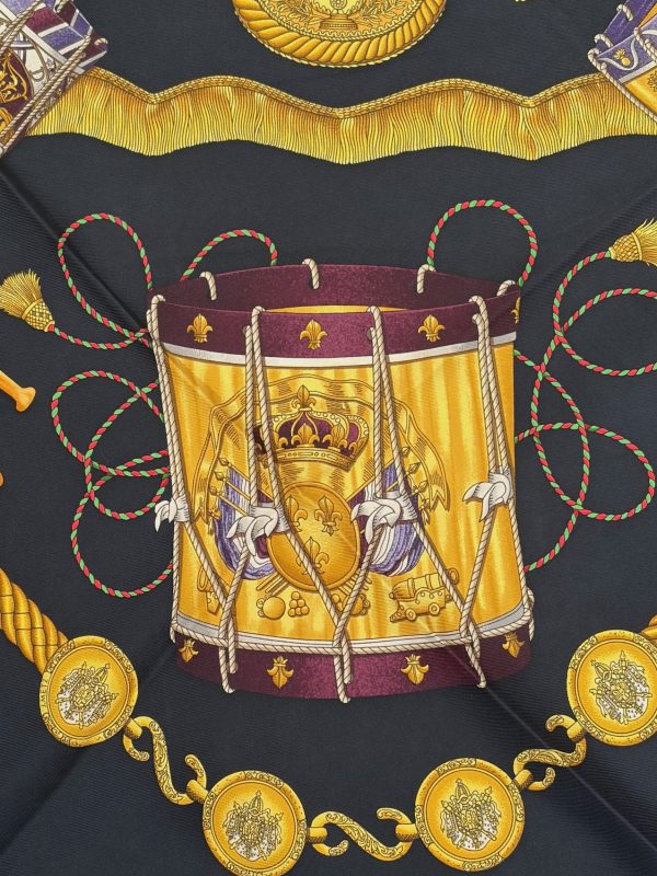 hermÈs silk scarf les tambours black multi by joachim metz 1989 w/box