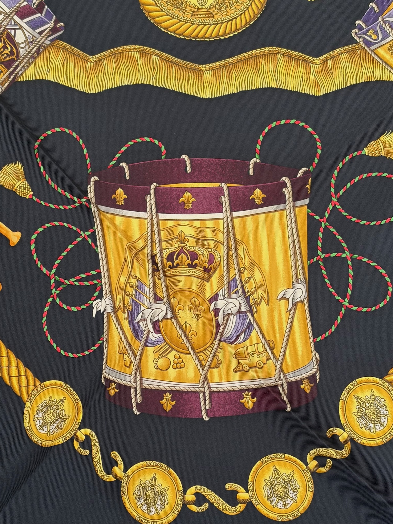 hermÈs silk scarf les tambours black multi by joachim metz 1989 w/box