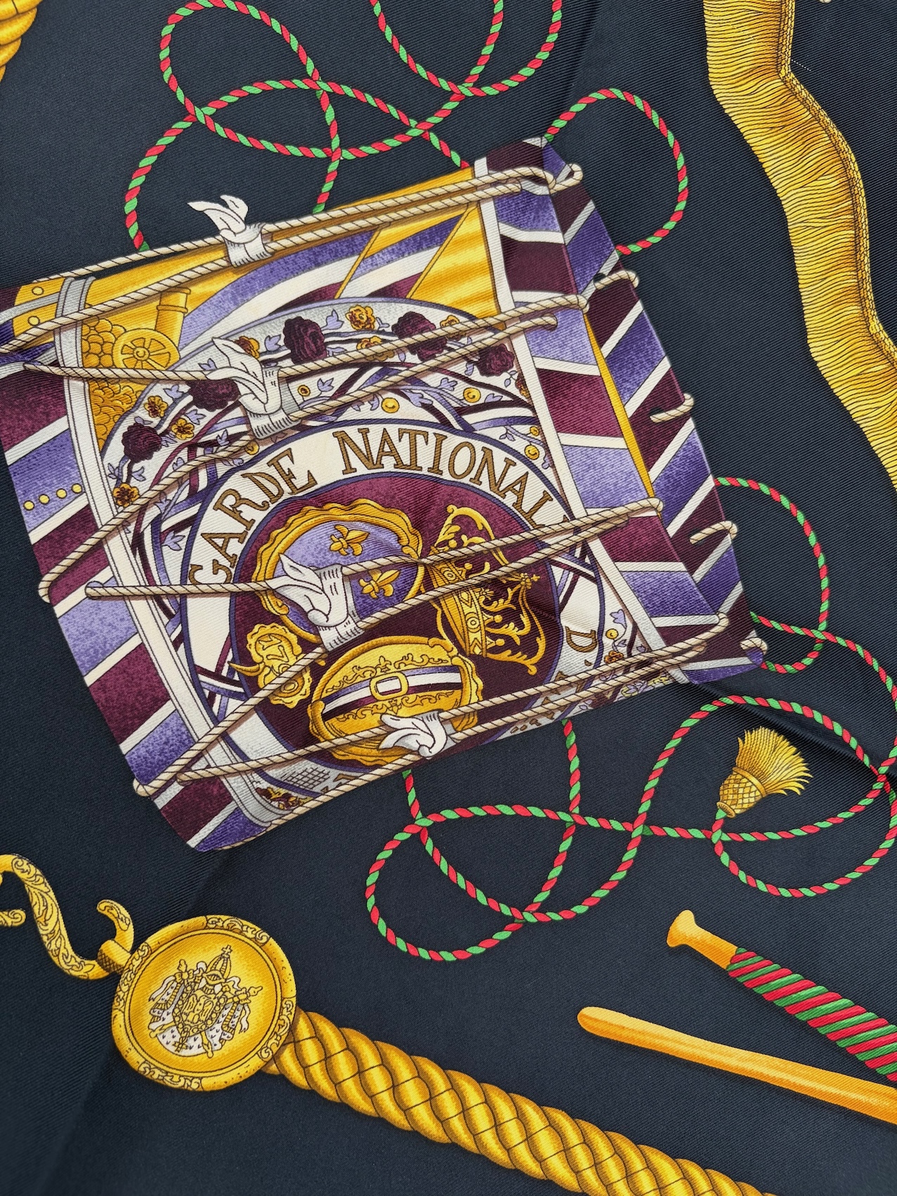 hermÈs silk scarf les tambours black multi by joachim metz 1989 w/box