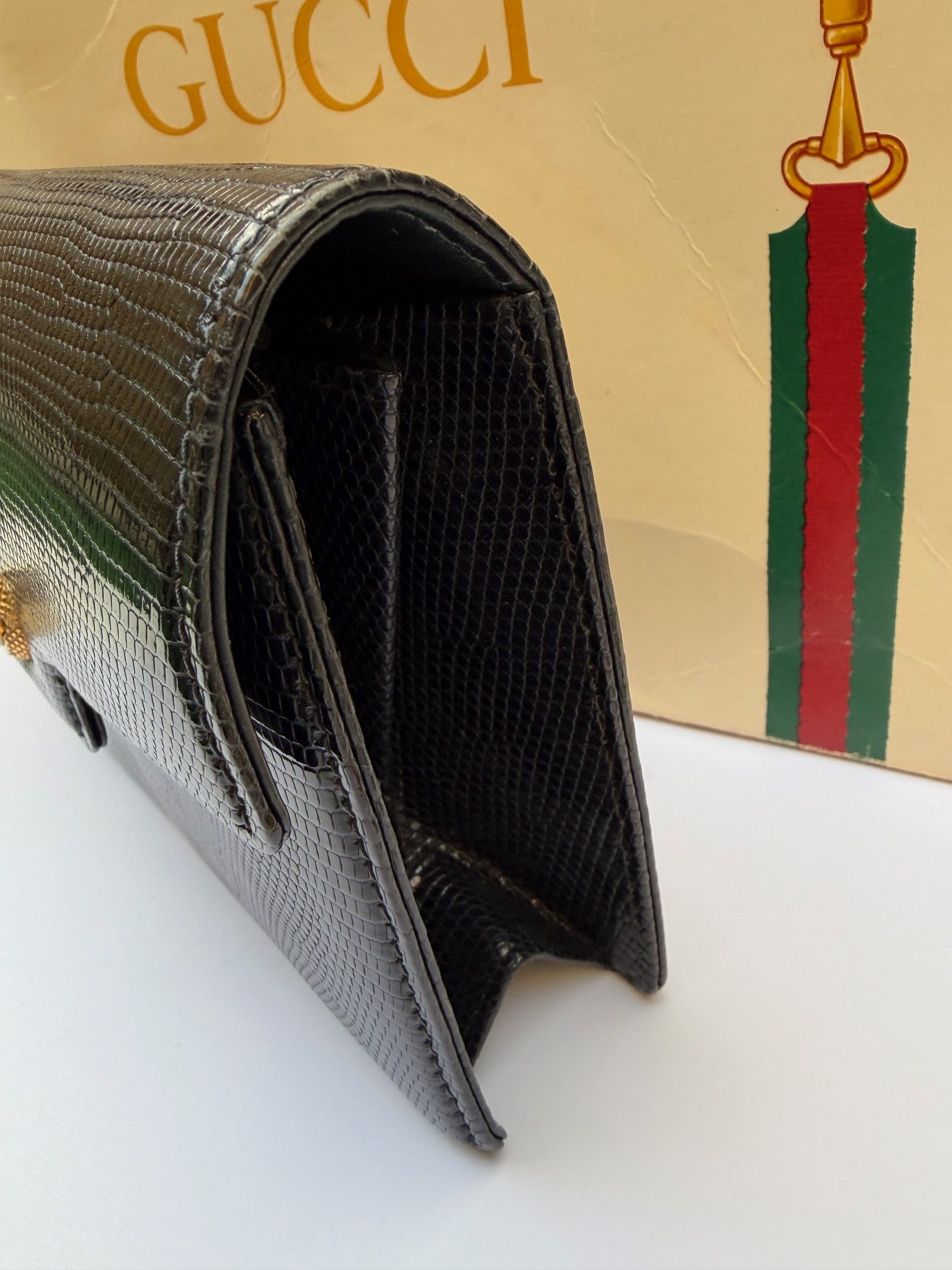 gucci vintage black leather lizard clutch handbag c.1960s