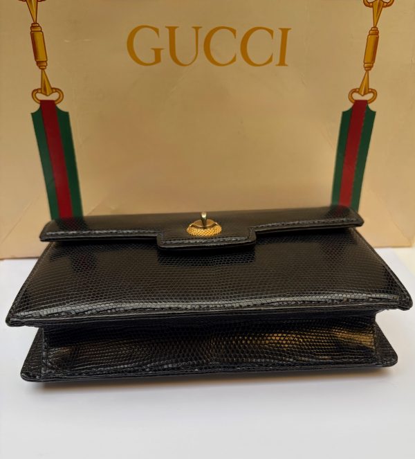 gucci vintage black leather lizard clutch handbag c.1960s