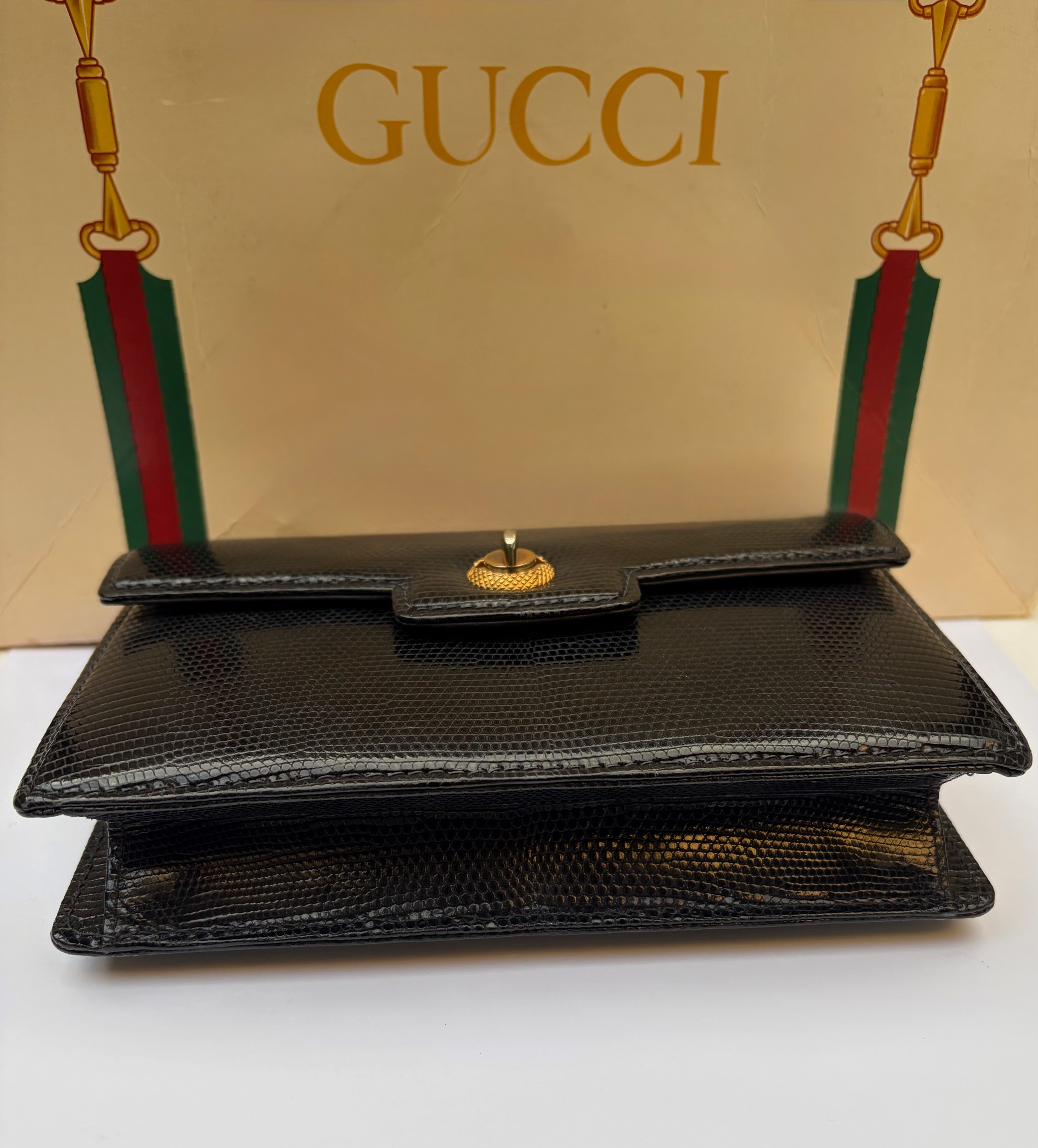 gucci vintage black leather lizard clutch handbag c.1960s