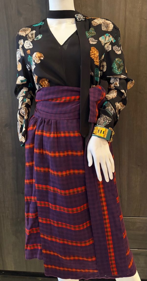 lanvin vintage tartan maxi waistband skirt and puffed top two piece set c.1970
