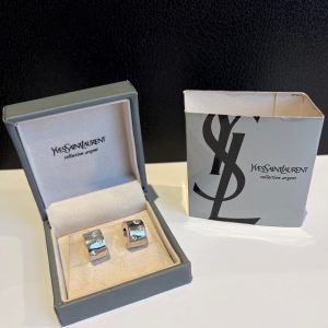 yves saint laurent ysl silver and crystal half hoop stud earrings c.1990s