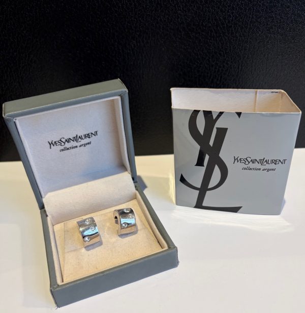 yves saint laurent ysl silver and crystal half hoop stud earrings c.1990s