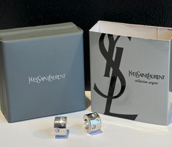 yves saint laurent ysl silver and crystal half hoop stud earrings c.1990s