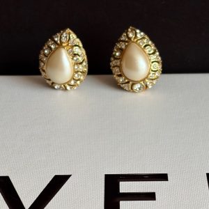 givenchy vintage oval pearl diamanté crystals gold tone earrings c.1980s